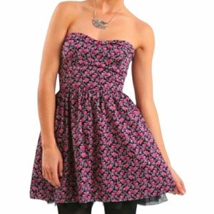 Black Poppy Multicolor Floral & Black Tulle Strapless Dress, Size Large